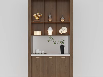 Modern Wooden Console Side Cabinet With Shelves Lighting Decorative Items And Plant 3d model
