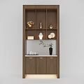Modern Wooden Console Side Cabinet With Shelves Lighting Decorative Items And Plant