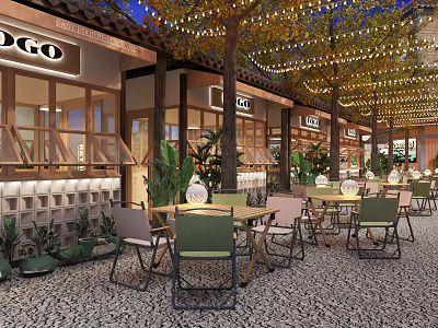 Charming Commercial Street With Outdoor Seating Decorative Lights And Green Plants At Night 3d model