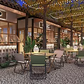 Charming Commercial Street With Outdoor Seating Decorative Lights And Green Plants At Night