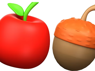 Fresh Red Apple With Green Leaf Next To Brown Acorn Decoration 3d model