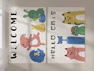 Cute Colorful Kitchen Curtain With Cartoon Animals Welcome Hello Cats Prints 3d model
