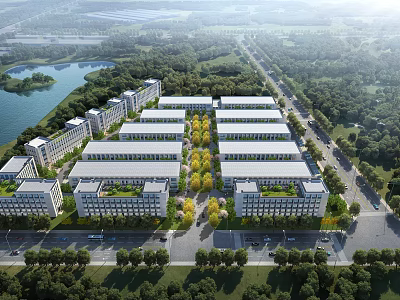 Aerial Planning Layout Of Neatly Arranged Residential Buildings With Greenery Lake And Roads 3d model