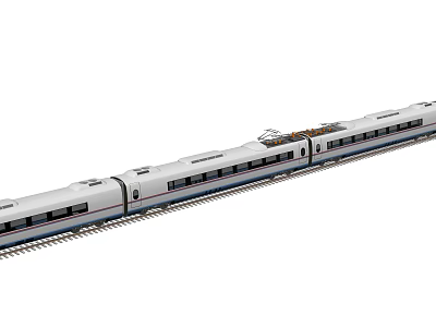 Modern Passenger Train With White Exterior And Multiple Carriages On Railway Track 3d model