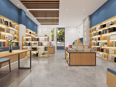 Bookstore Interior Design With Bookshelves And Reading Area 3d model