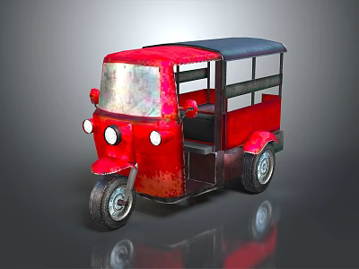 Red Metal Three Wheeled Tuk Tuk Cab With Seats And Black Wheels 3d model
