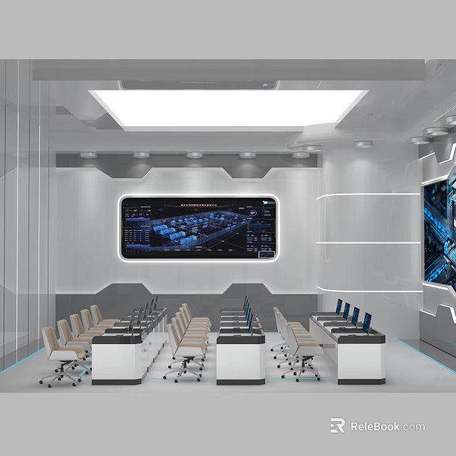 Modern Monitoring Room Interior With Large Control Screen Workstations And Ergonomic Chairs 3d model 