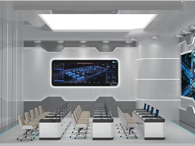 Modern Monitoring Room Interior With Large Control Screen Workstations And Ergonomic Chairs 3d model
