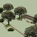 People Enjoying Garden Landscape With Lush Trees Green Grass Rocks And Colorful Flowers