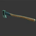 Axe With Wooden Handle And Blue Accent Metal Head On Reflective Surface