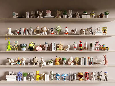 Various Small Sculptures on Multiple Shelves with Figurines Decorations Books and Mini Potted Plants 3d model