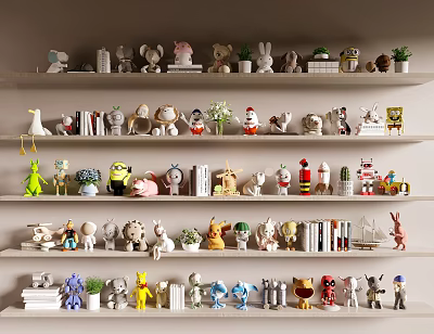 Various Small Sculptures on Multiple Shelves with Figurines Decorations Books and Mini Potted Plants 3d model