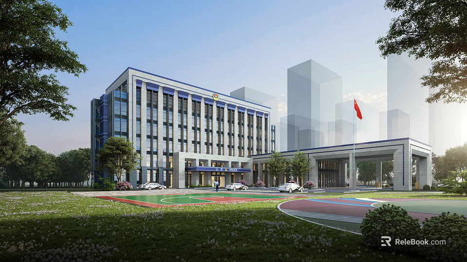 Modern Public Building Exterior With Red Flag Green Lawn Trees And Parking Vehicles 3d model 
