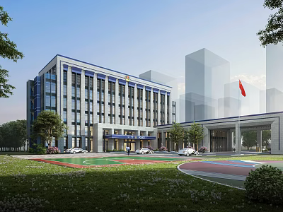 Modern Public Building Exterior With Red Flag Green Lawn Trees And Parking Vehicles 3d model