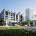 Modern Public Building Exterior With Red Flag Green Lawn Trees And Parking Vehicles