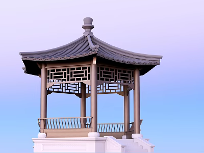 Traditional Chinese Garden Pavilion With Classic Roof Carved Lattice Windows And Railing 3d model