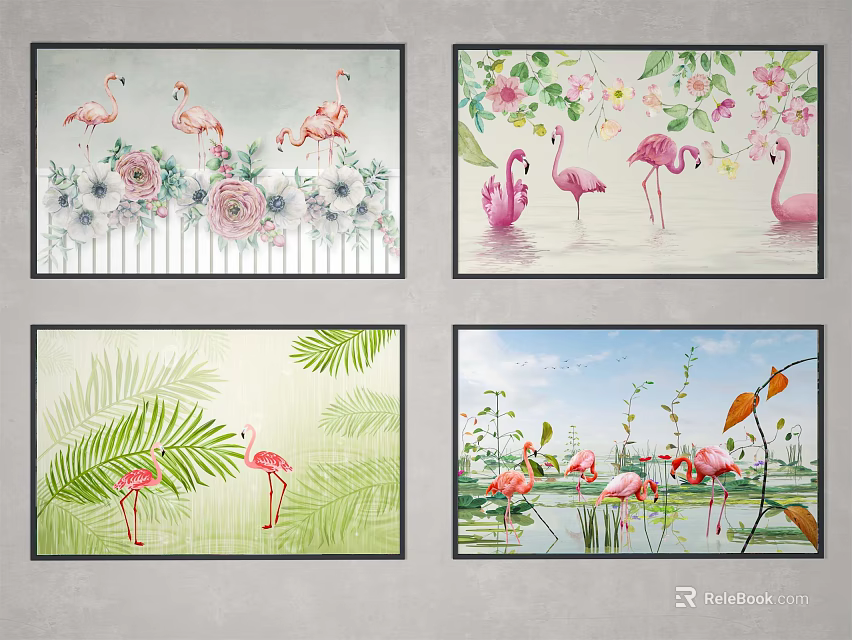 Flamingo Animal Paintings With Flowers Green Leaves And Water Elements Decorative Wall Art 3d model 