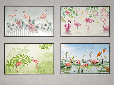 Flamingo Animal Paintings With Flowers Green Leaves And Water Elements Decorative Wall Art 3d model