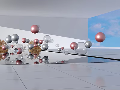 Floating Inflatable Spheres in Red Silver Transparent Against White Walls Blue Sky White Tiled Floor 3d model