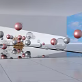 Floating Inflatable Spheres in Red Silver Transparent Against White Walls Blue Sky White Tiled Floor