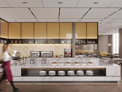 Modern Restaurant Interior With Open Kitchen Marble Countertop And Wooden Cabinets 3d model