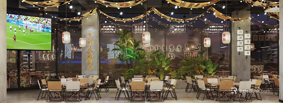 Chinese Restaurant Kitchen Interior With Lanterns Green Plants Dining Tables And Decorative Lights 3d model 