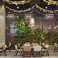 Chinese Restaurant Kitchen Interior With Lanterns Green Plants Dining Tables And Decorative Lights