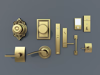 Gold Brass Door Handles With Various Designs Including Knobs Levers And Plates 3d model