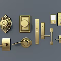 Gold Brass Door Handles With Various Designs Including Knobs Levers And Plates 3d model