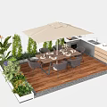 Outdoor Dining Table With Umbrella Chairs Tableware And Bar Counter On Wooden Deck With Greenery