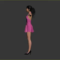 Woman In Pink Dress With Necklace And Black Hair Arms Outstretched On Gray Background