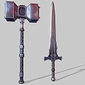 Medieval Metal Hammer and Long Sword with Decorative Handles and Sharp Blades 3d model