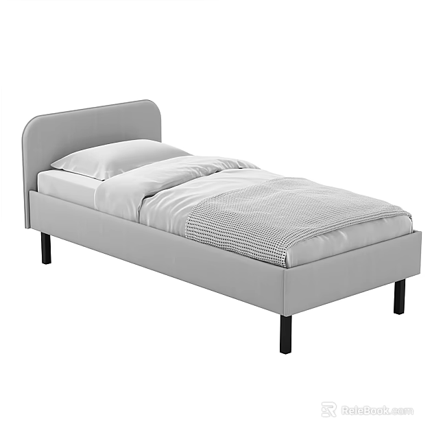 Modern Single Bed With Upholstered Headboard Light Gray Frame White Pillows And Striped Blanket 3d model 