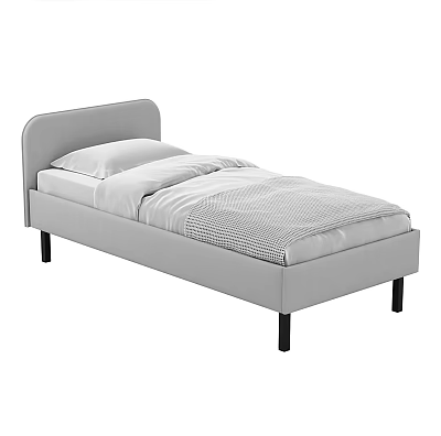 Modern Single Bed With Upholstered Headboard Light Gray Frame White Pillows And Striped Blanket 3d model