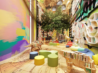 Kindergarten Interior With Colorful Walls Tree Bookshelves Small Stools And Books 3d model