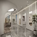 Modern Beauty Hair Salon Interior With Marble Floors Barber Chairs Mirrors And Lighting
