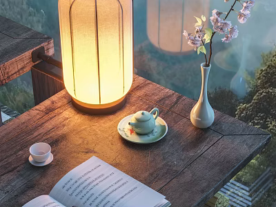 Cozy Desk With Lit Lantern Lamp Green Teapot Teacup White Vase Pink Flowers Open Book 3d model