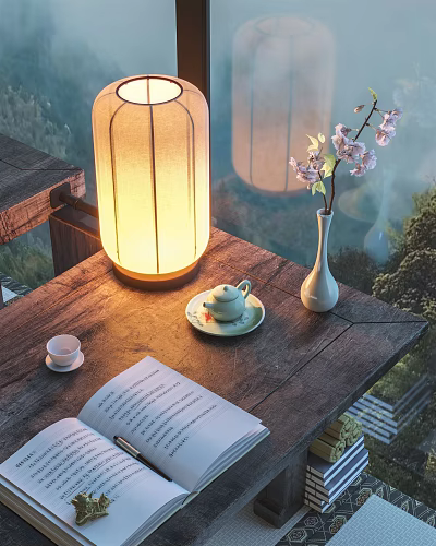 Cozy Desk With Lit Lantern Lamp Green Teapot Teacup White Vase Pink Flowers Open Book 3d model