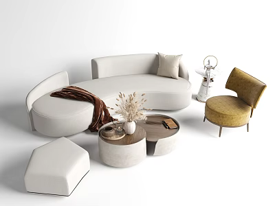 Modern White Curved Sofa and Coffee Table Set with Pillows Throw Blanket Yellow Accent Chair 3d model