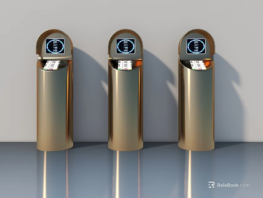 Three Golden Swing Door Trash Bins With Smart Display Screens 3d model 