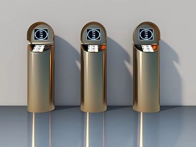 Three Golden Swing Door Trash Bins With Smart Display Screens 3d model