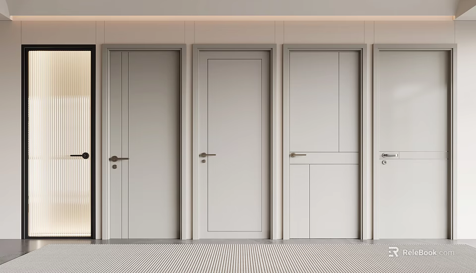Modern Interior Featuring Various Light Colored Hinged Doors In Different Designs 3d model