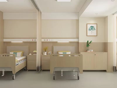 Modern Hospital Outpatient Ward Interior With Two Beds Bedside Tables And Plants 3d model