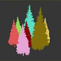 Multiple Green Pine Trees In 3D Model With Gray Background