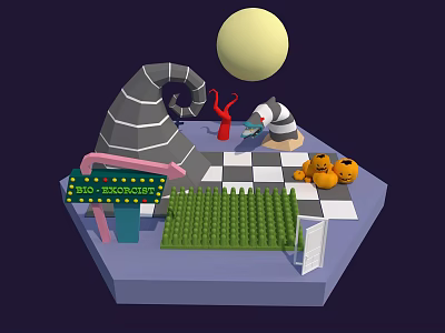 Decorative Ornament Set With Big Adventure Neon Sign Pumpkins Moon Grass Mat And Checkerboard Floor 3d model