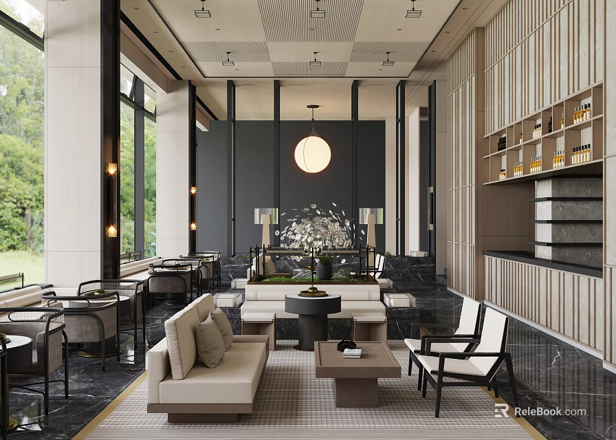 Modern Sales Office Interior With Spacious Layout Sofas Chairs And Floor To Ceiling Windows 3d model