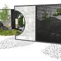Modern Garden Wall Design With Circular Window Green Plants And Pebble Path 3d model