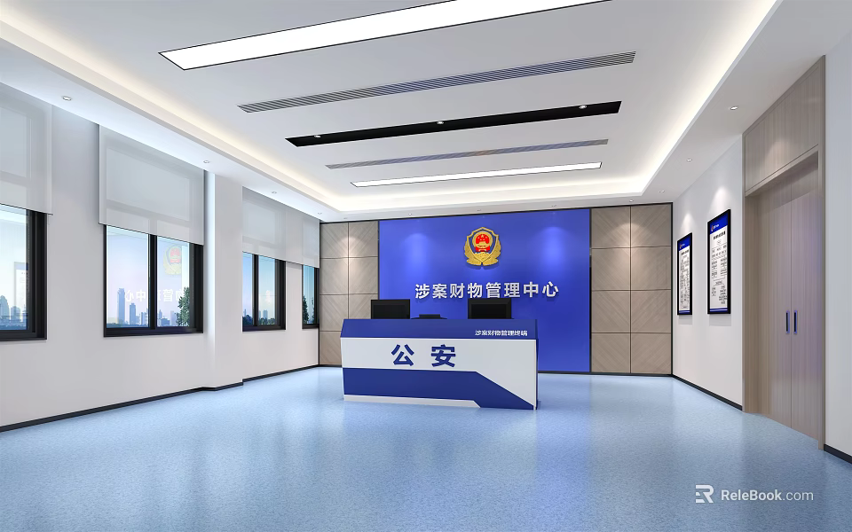 Public Security Command Center Office With Blue Backdrop Wall Emblem Reception Desk And Windows 3d model 
