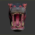 Vibrant Blue and Pink Hippo Head with Open Mouth and Exposed Teeth