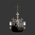 Old Warship Model With Three White Funnels Brown Green Hull Detailed Deck And Masts